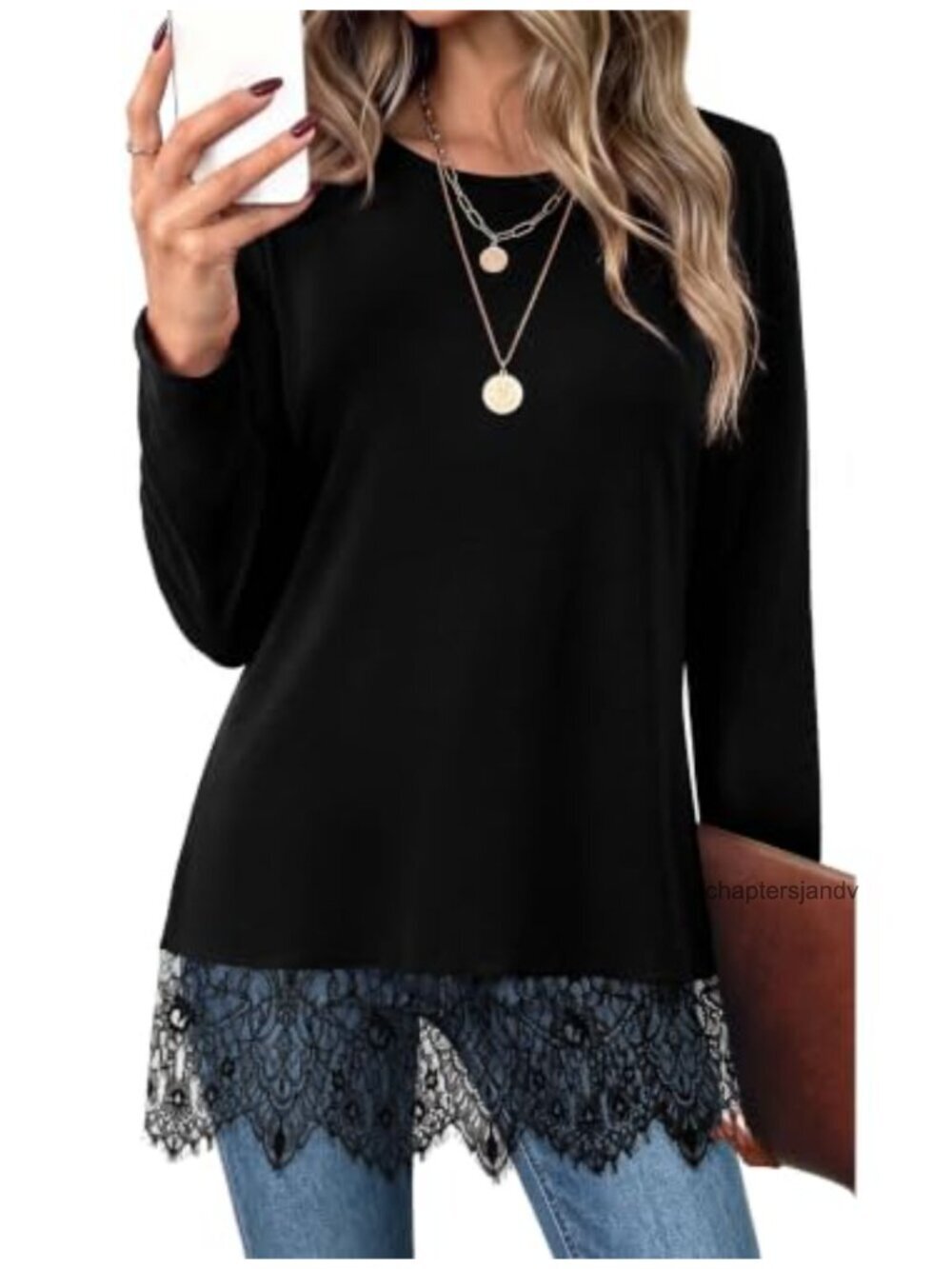 Long Sleeve Lace Tunic Top Flowy Casual Crew Neck Blouse
